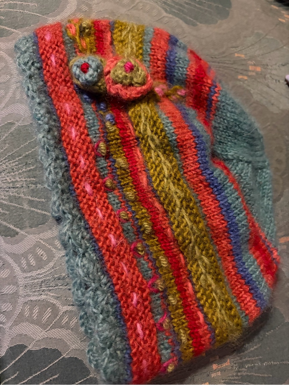 Wool Multicolor Flower Decal Striped Knit Hat - Teal, Red & Olive